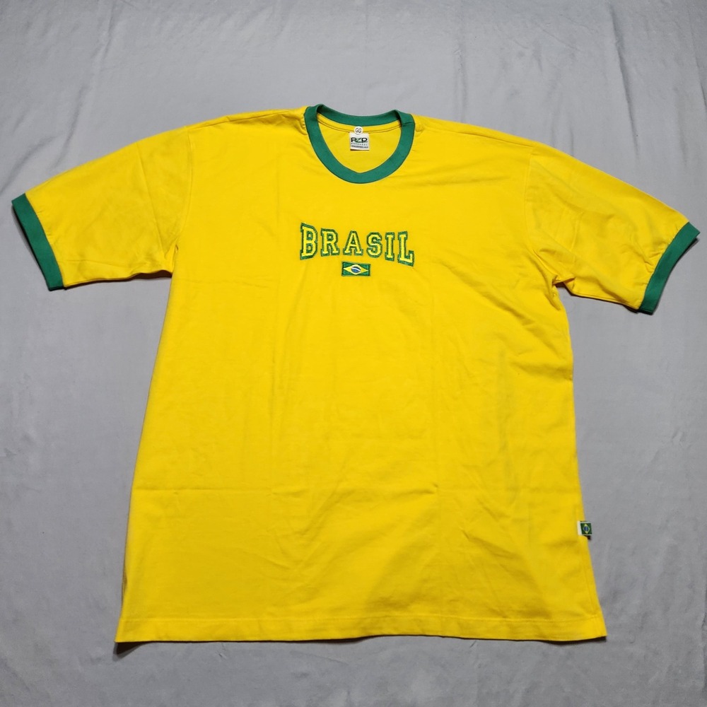 PZP Bordados Brasil Brazil Ringer T-Shirt Yellow Green Embroidered Mens XL GG